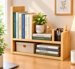Wooden Desktop Bookshelf Organizer with Storage – Premium Natural Wood Finish