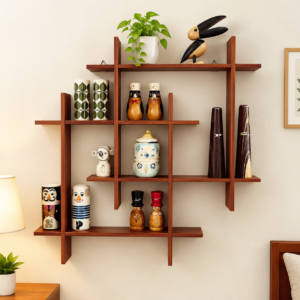 Premium Wooden Geometric Wall Shelf – Modern Decorative Multi-Compartment Storage & Display Rack